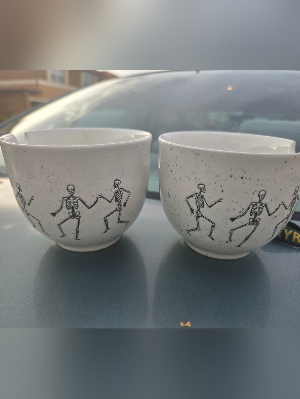 Home Essentials White Speckled Ceramic Bowls with Dancing Skeleton Motif